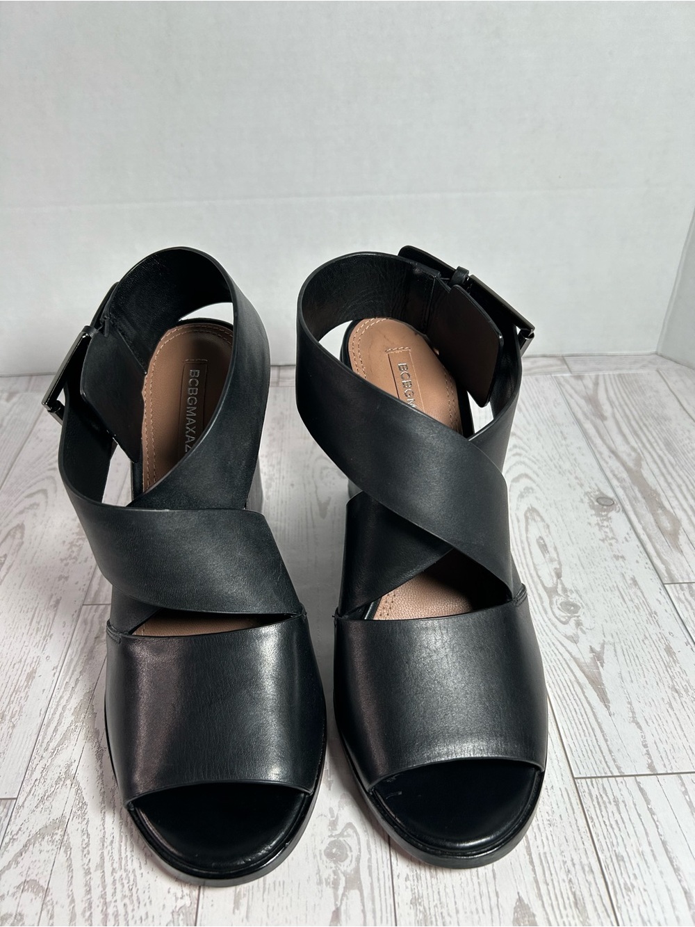 BCBGMaxAzria Black Leather Crisscross Peep-Toe Wedges